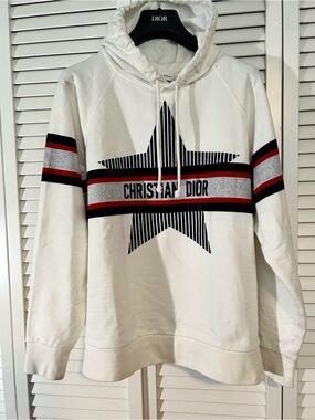 Dior Cream Hoodie with Navy Star and Red-Black Stripe Accent